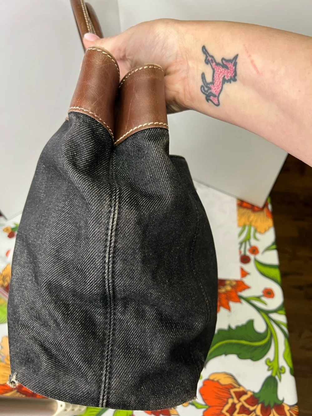 CHANEL Black Denim Tote with Brown Leather Trim and Gold CC Turnlock Accent - Picture 5 of 11